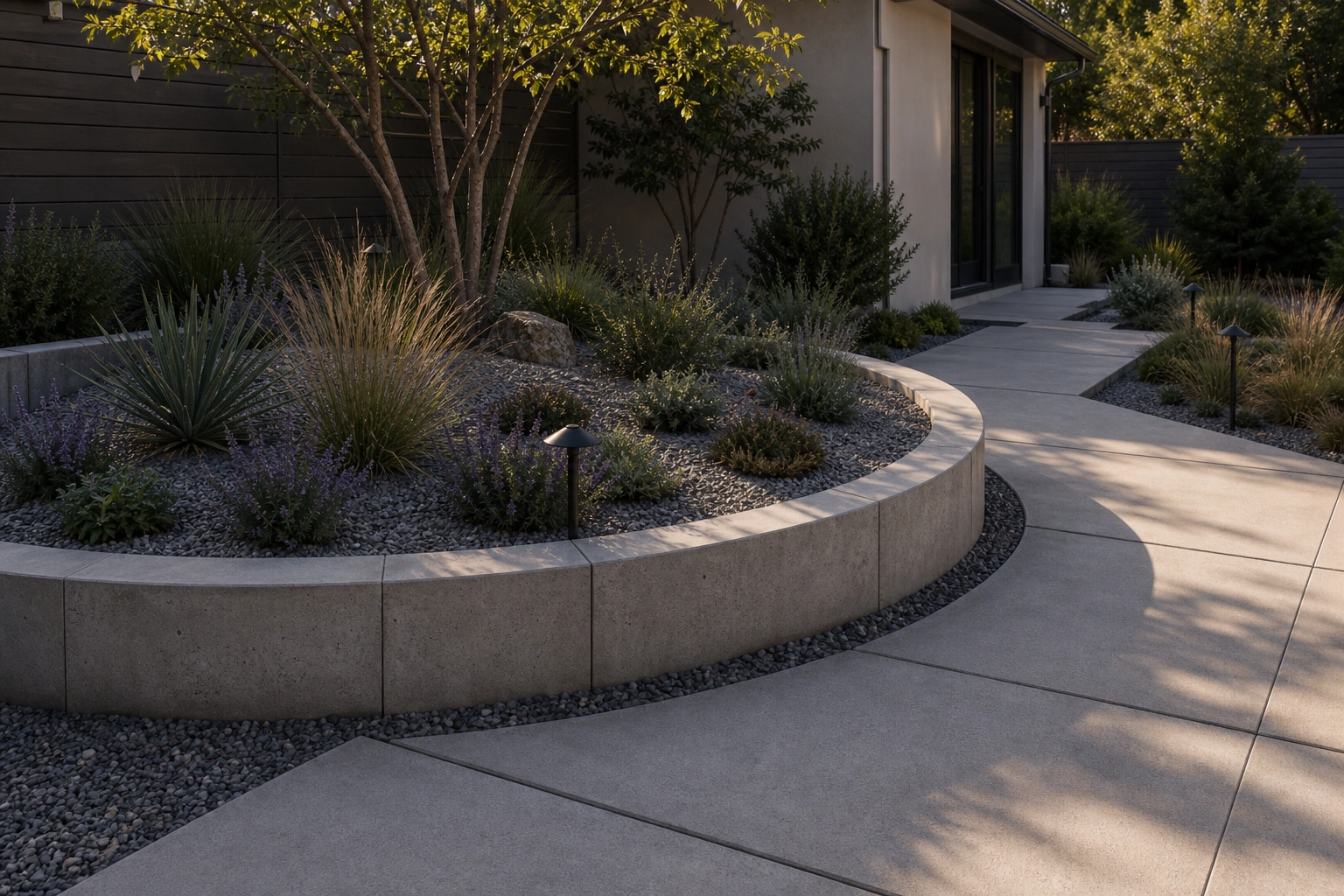 Curved concrete planter wall wrapping a gravel garden with ornamental grasses.
