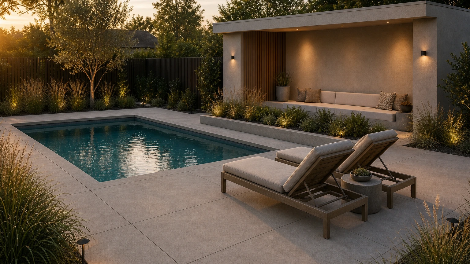 Curved concrete poolside lounge nook with umbrella shade and low ornamental grasses.