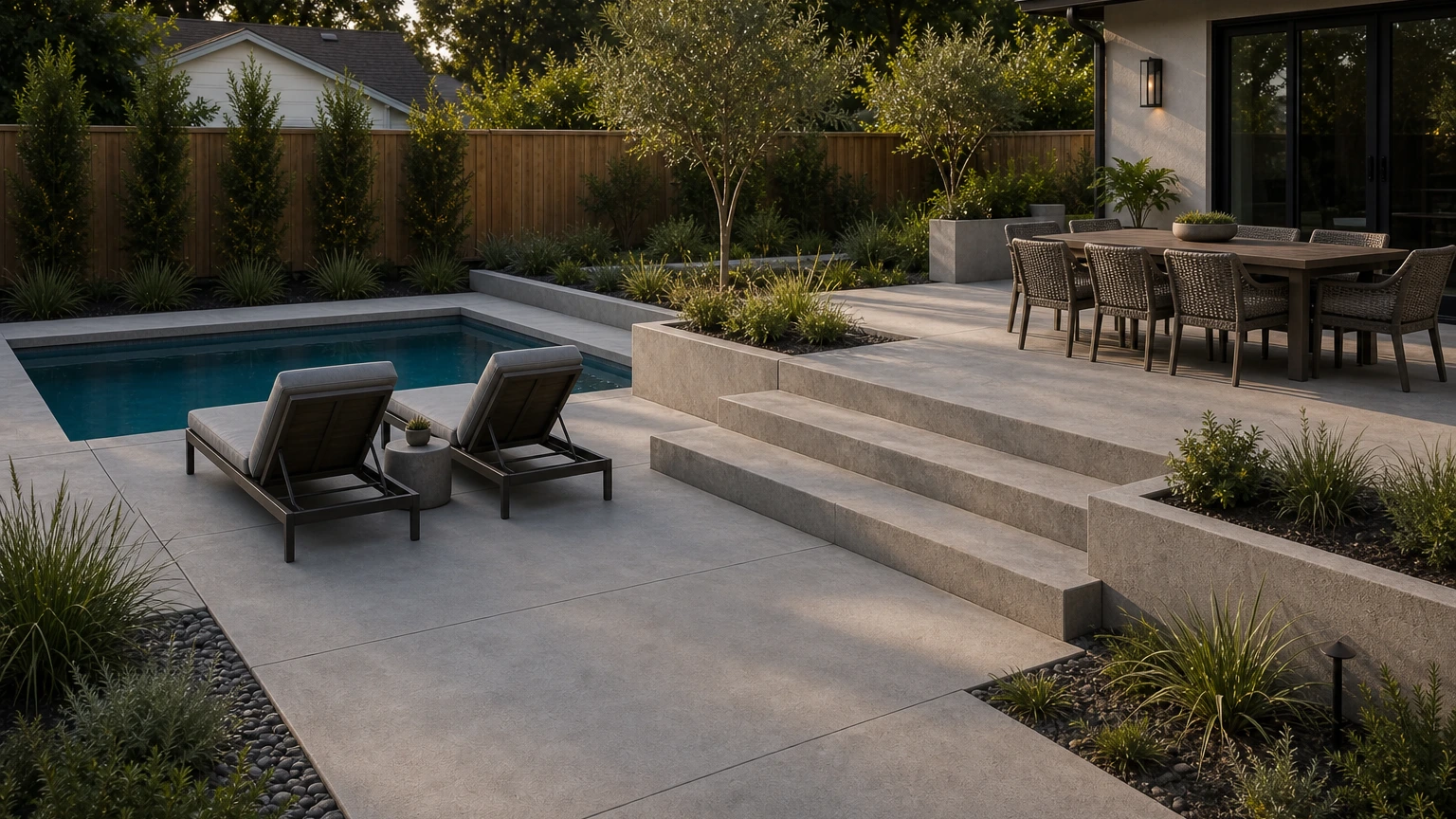 Multi-level concrete pool terrace with broad uniform steps, dining zone, and lounge seating.